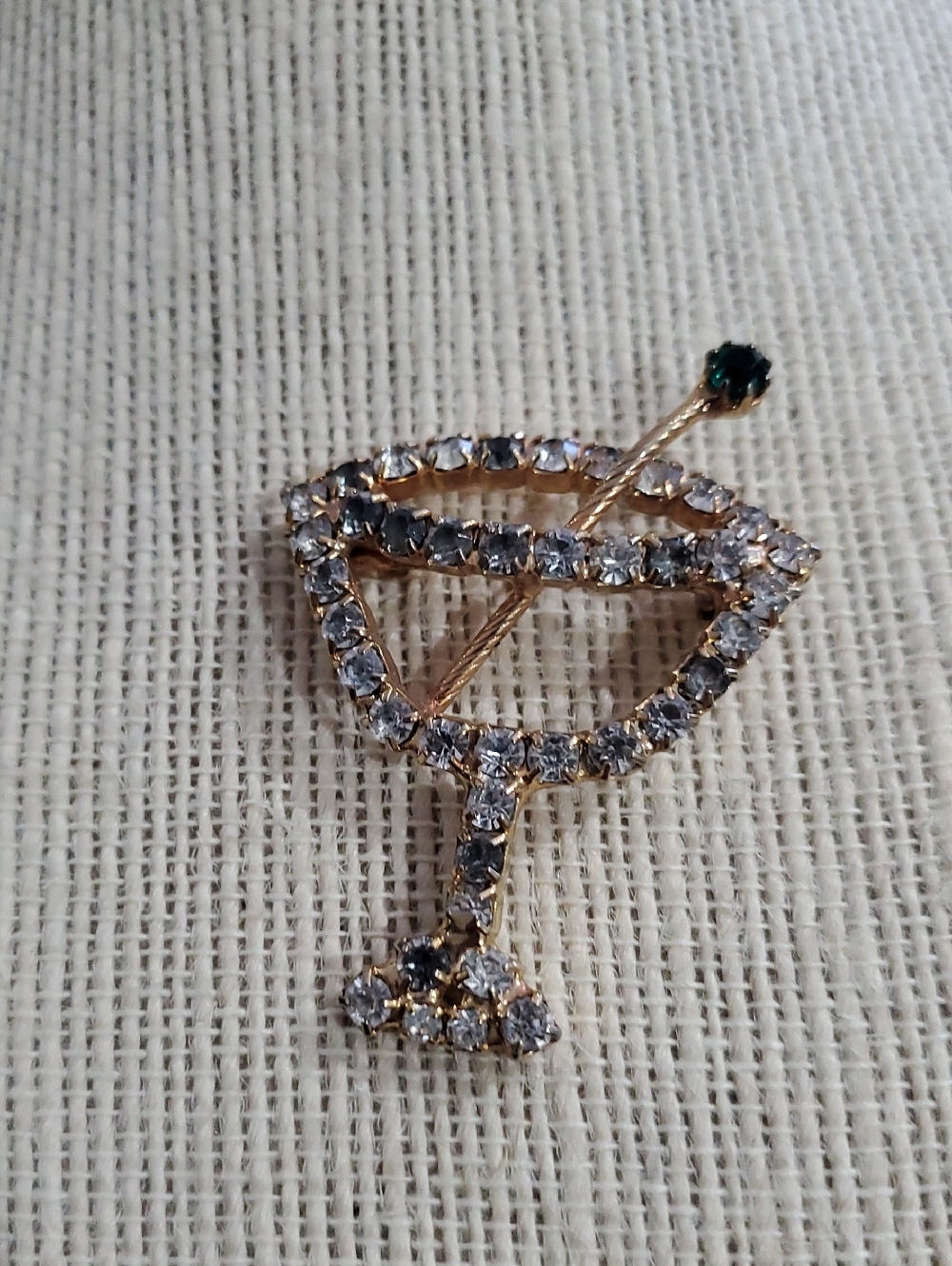 Vintage Gold-Tone Martini Brooch with Clear and Green Crystals